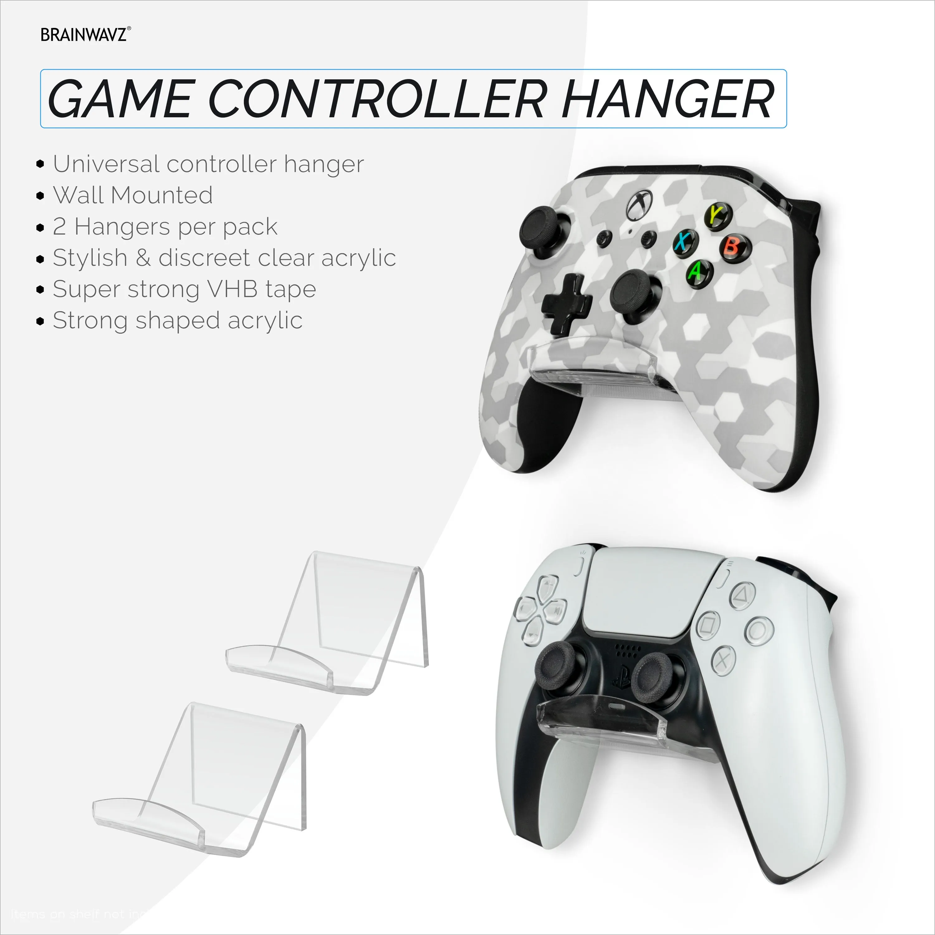 2 Pack Acrylic Game Controller Wall Mount Hanger Holder for XBOX, PlayStation, PC & More, Strong VHB Adhesive, Universal Fit