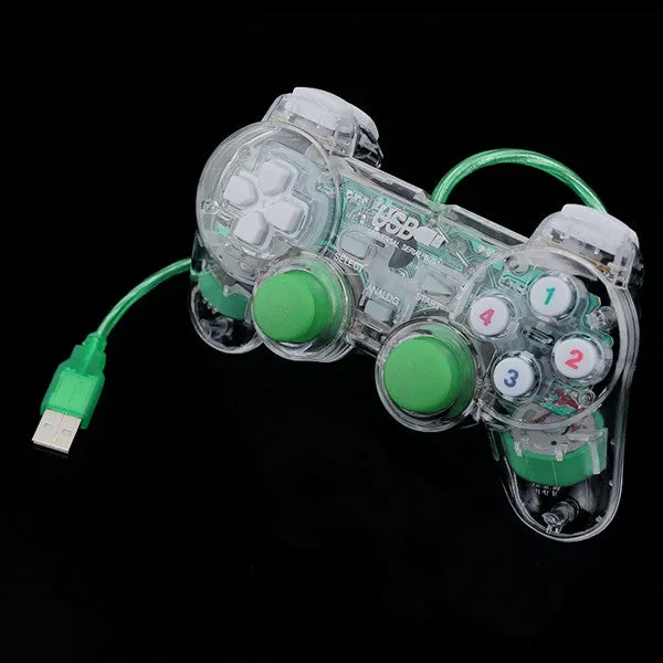 3 Colors Transparent LED Wired USB Gamepad Double Vibration Joystick Game Controller Joypad  For PC Laptop For Win7/10/XP Clear