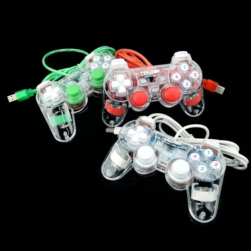 3 Colors Transparent LED Wired USB Gamepad Double Vibration Joystick Game Controller Joypad  For PC Laptop For Win7/10/XP Clear