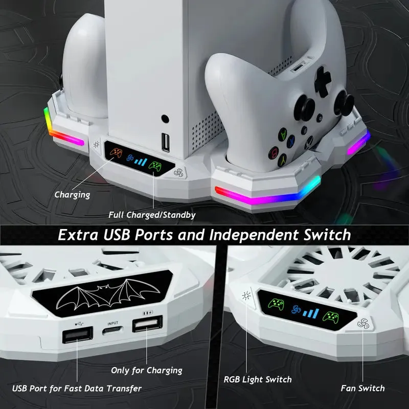 Cooling Fan Stand for Xbox Series S Console with RGB Light Strip, Wiilkac Upgraded Dual Controllers Charging Dock Accessories with 2 X 1400Mah Rechargeable Battery Pack, Headset Hook & USB Ports