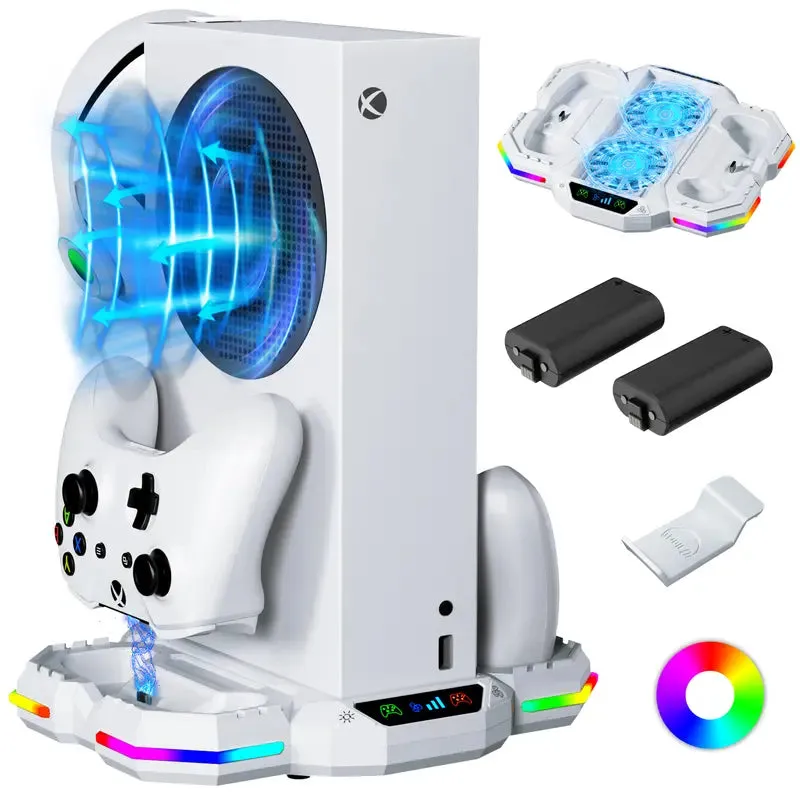 Cooling Fan Stand for Xbox Series S Console with RGB Light Strip, Wiilkac Upgraded Dual Controllers Charging Dock Accessories with 2 X 1400Mah Rechargeable Battery Pack, Headset Hook & USB Ports