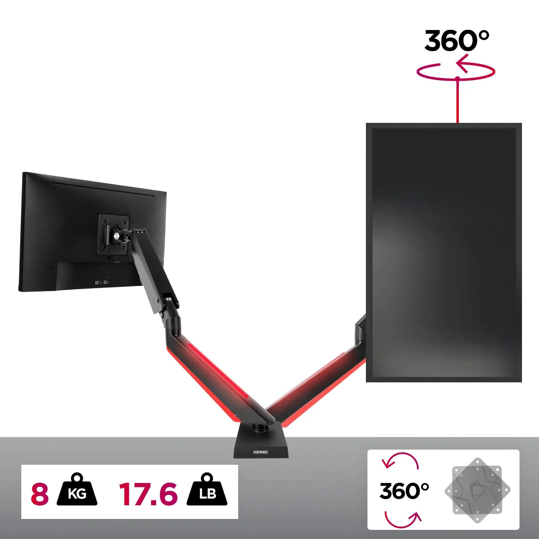 Duronic Monitor Arm Stand DMGM5X1 | Single PC Desk Mount with Red LED Lights | Height Adjustable | For One 15-32 Inch Screen | VESA 75/100 | 8kg Capacity | Tilt  90°/-85°, Swivel 360°,Rotate 360°