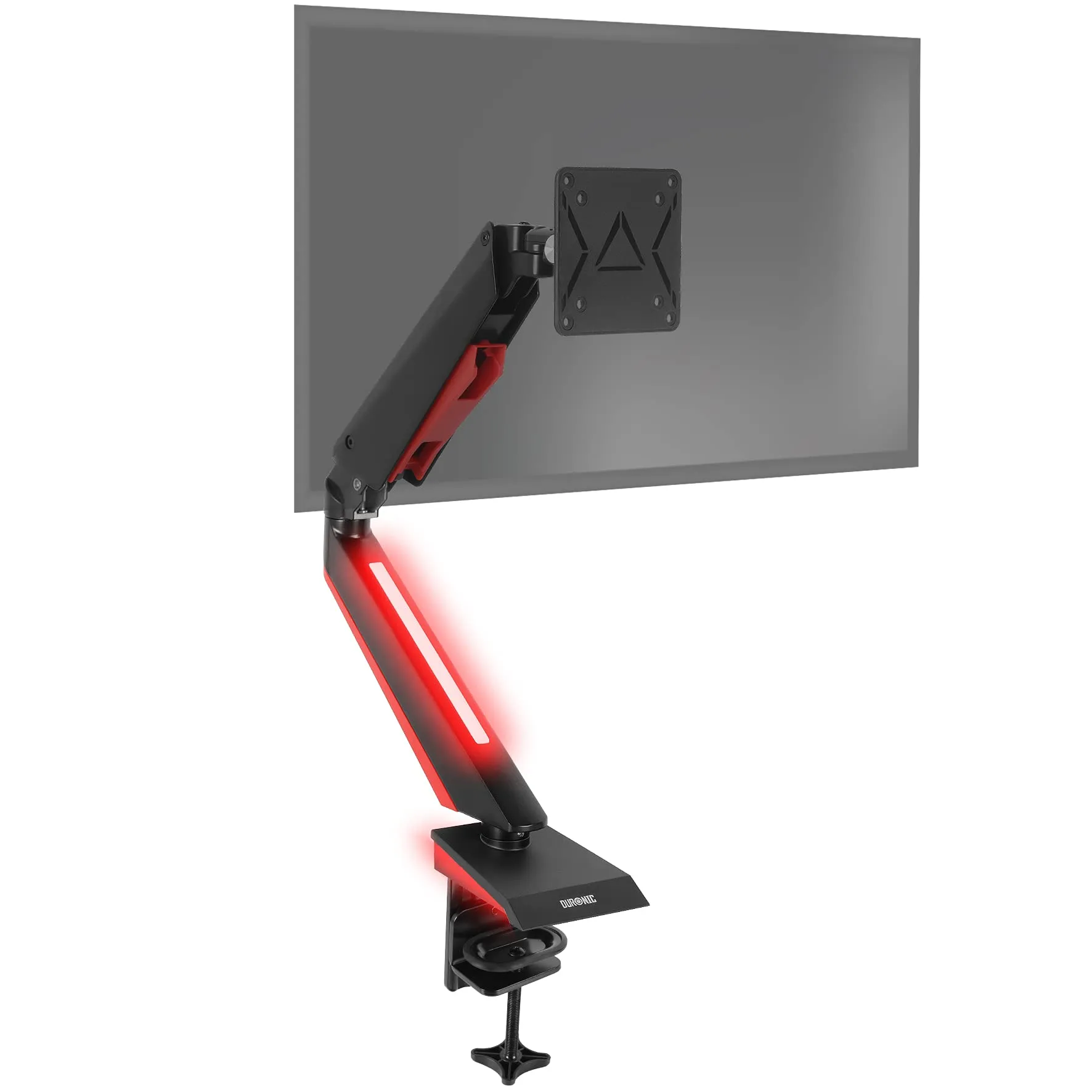 Duronic Monitor Arm Stand DMGM5X1 | Single PC Desk Mount with Red LED Lights | Height Adjustable | For One 15-32 Inch Screen | VESA 75/100 | 8kg Capacity | Tilt  90°/-85°, Swivel 360°,Rotate 360°