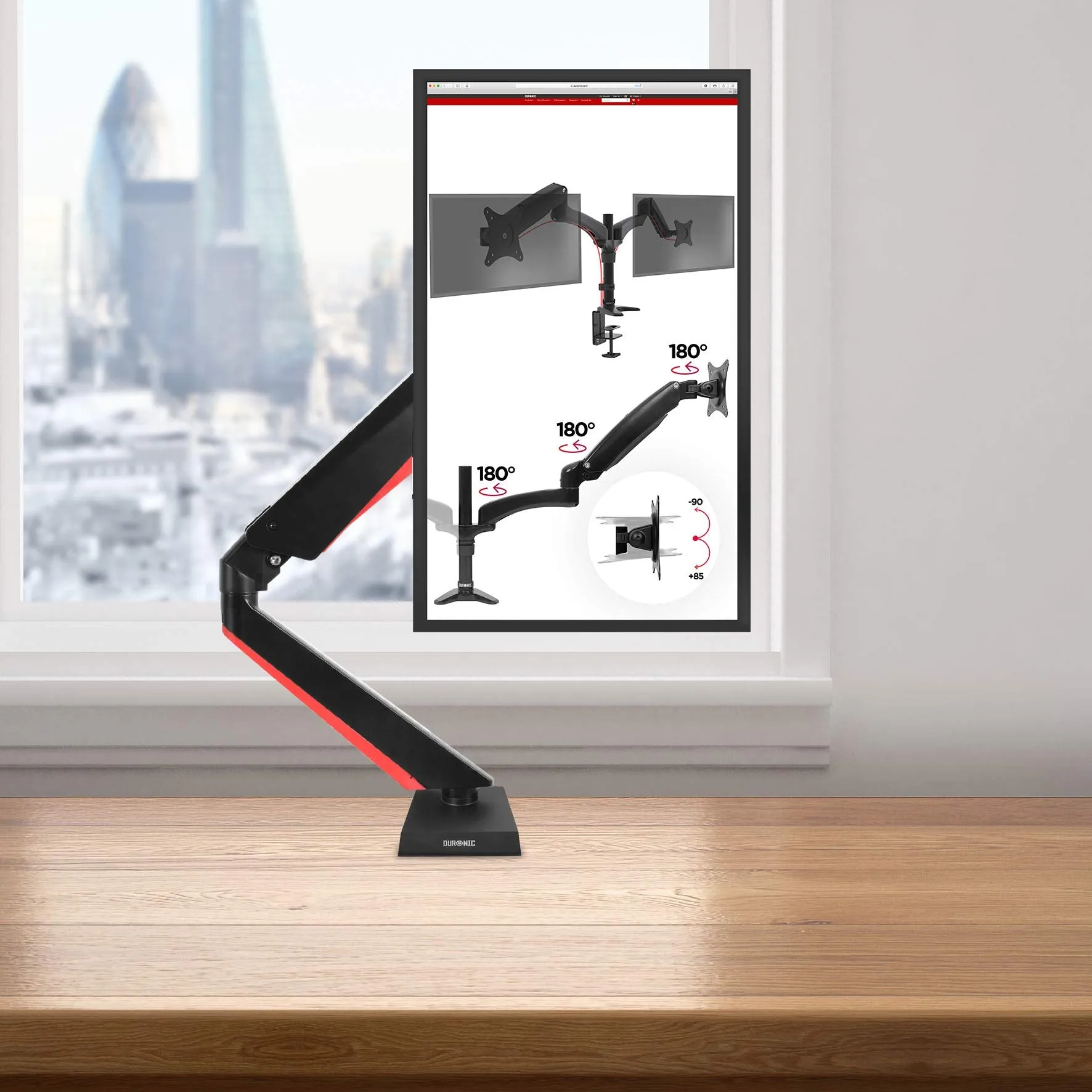 Duronic Monitor Arm Stand DMGM5X1 | Single PC Desk Mount with Red LED Lights | Height Adjustable | For One 15-32 Inch Screen | VESA 75/100 | 8kg Capacity | Tilt  90°/-85°, Swivel 360°,Rotate 360°