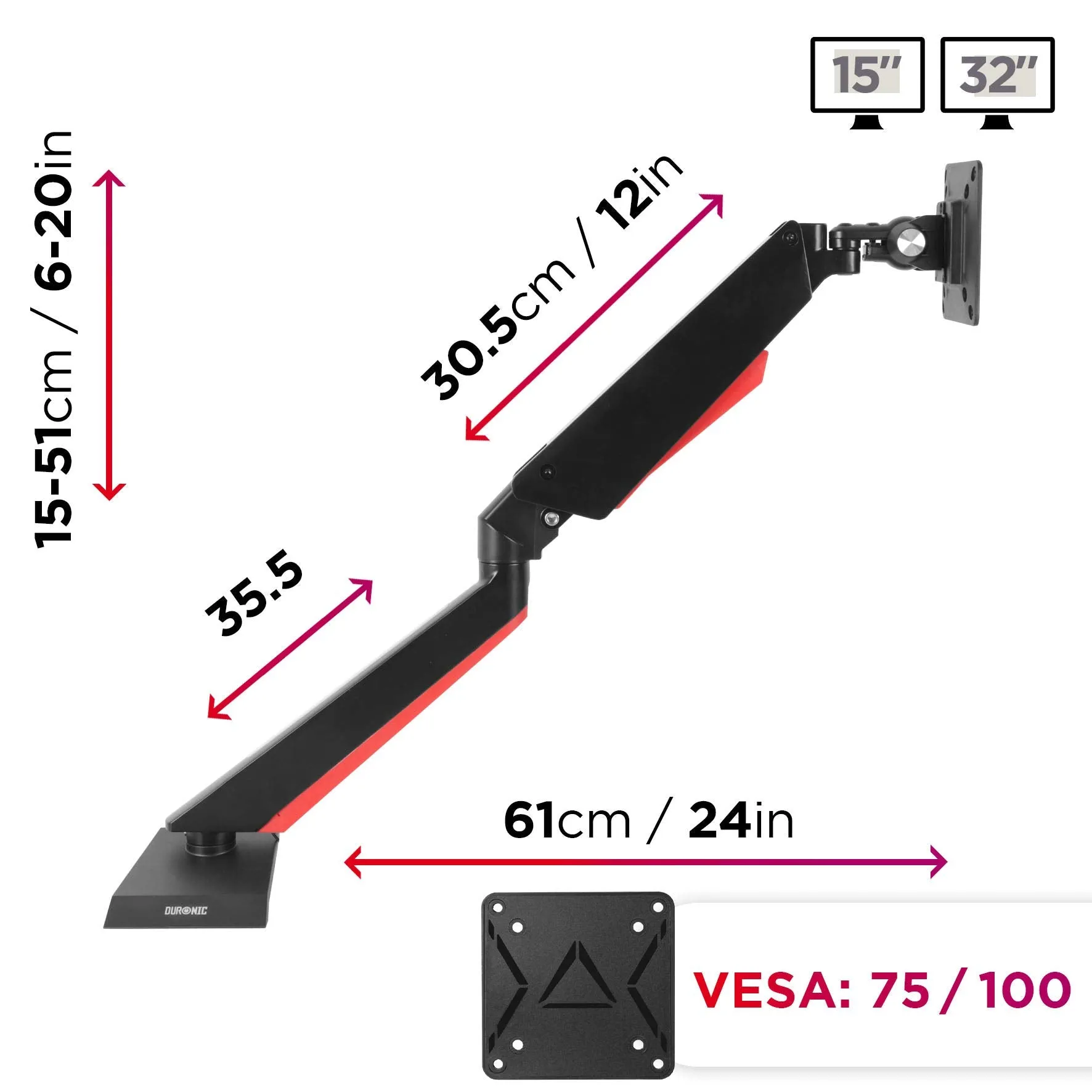 Duronic Monitor Arm Stand DMGM5X1 | Single PC Desk Mount with Red LED Lights | Height Adjustable | For One 15-32 Inch Screen | VESA 75/100 | 8kg Capacity | Tilt  90°/-85°, Swivel 360°,Rotate 360°