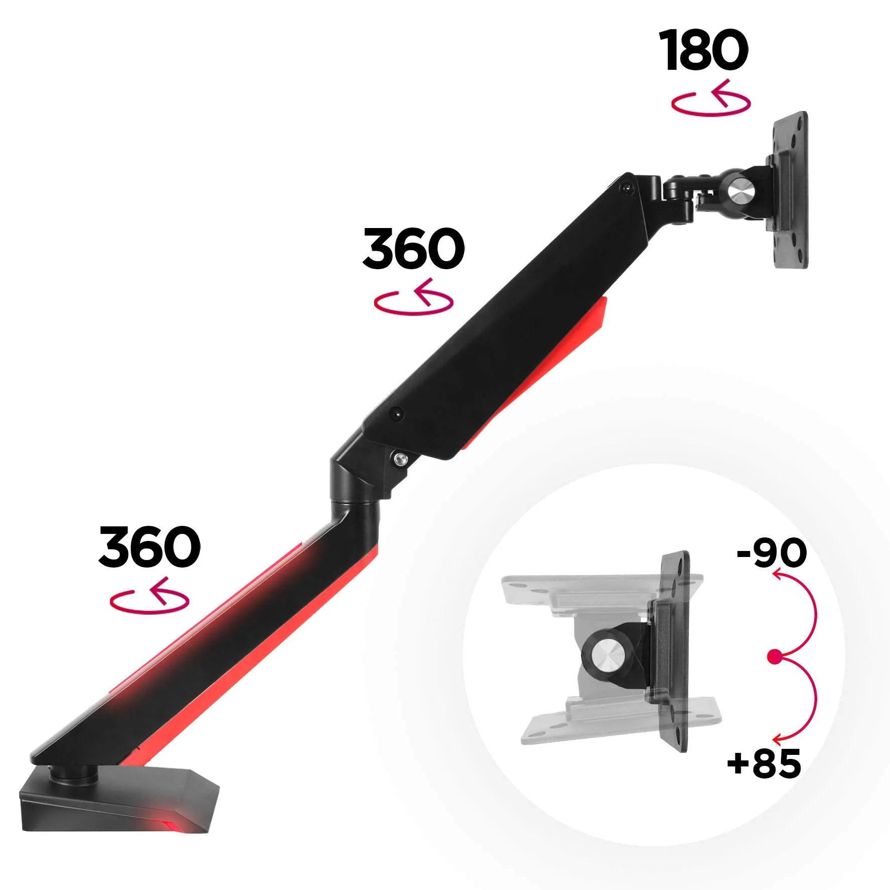 Duronic Monitor Arm Stand DMGM5X1 | Single PC Desk Mount with Red LED Lights | Height Adjustable | For One 15-32 Inch Screen | VESA 75/100 | 8kg Capacity | Tilt  90°/-85°, Swivel 360°,Rotate 360°