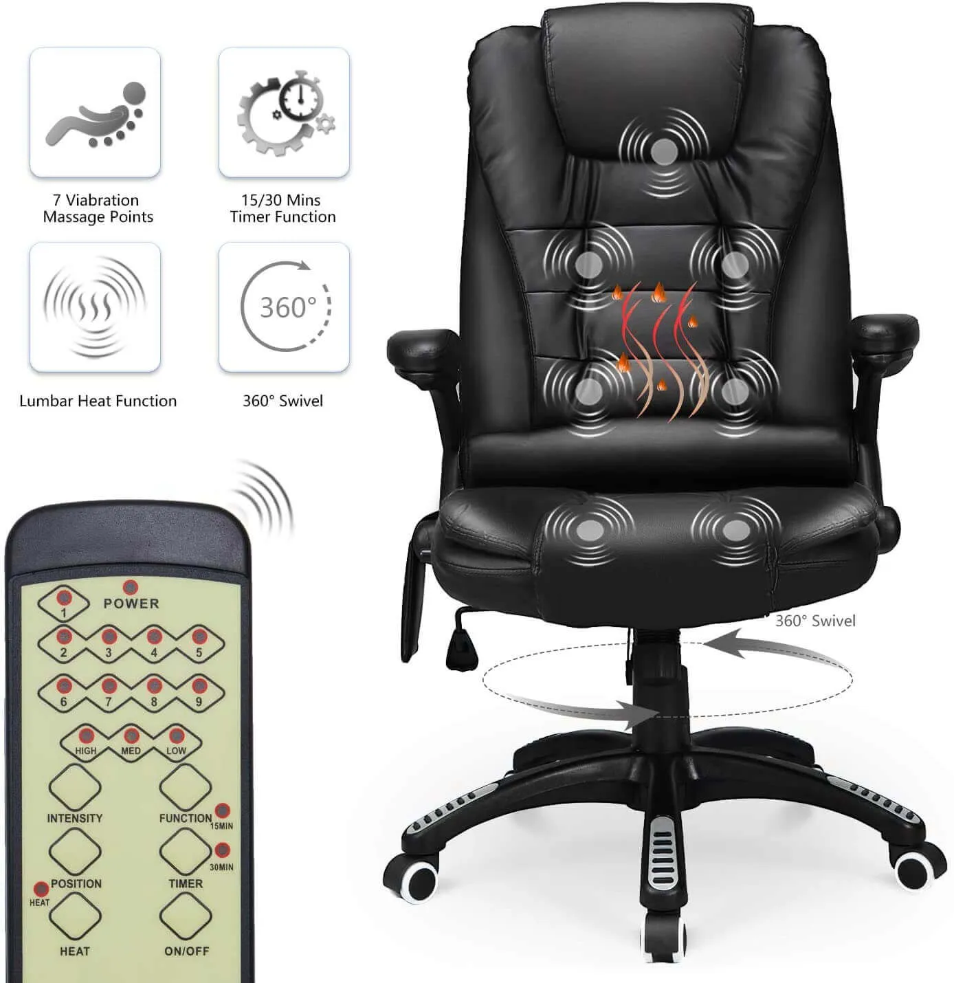 Ergonomic Office Chair High Back PU Leather Computer Chair Height Adjustable Desk Chair Heated Massage Recliner Chair with Lumbar Support, Black