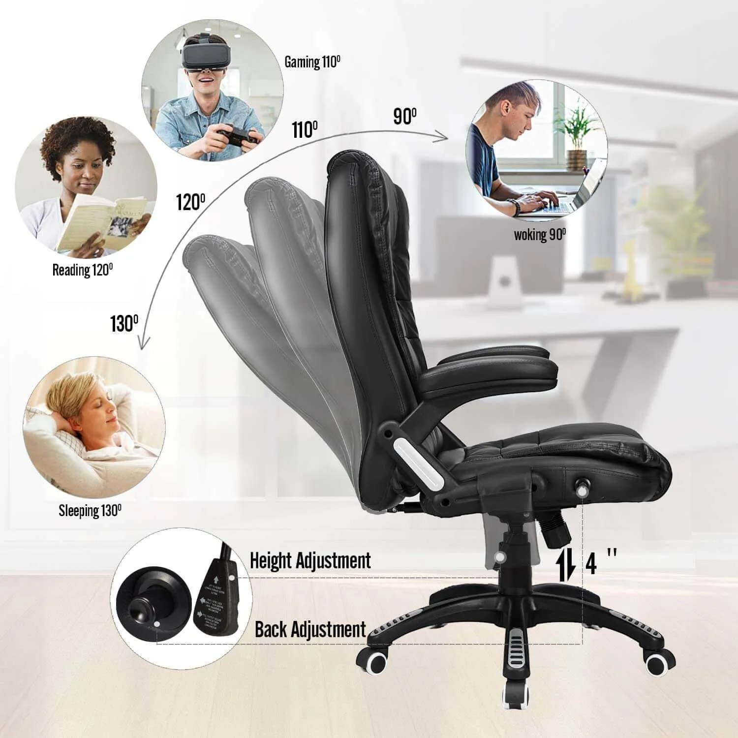 Ergonomic Office Chair High Back PU Leather Computer Chair Height Adjustable Desk Chair Heated Massage Recliner Chair with Lumbar Support, Black