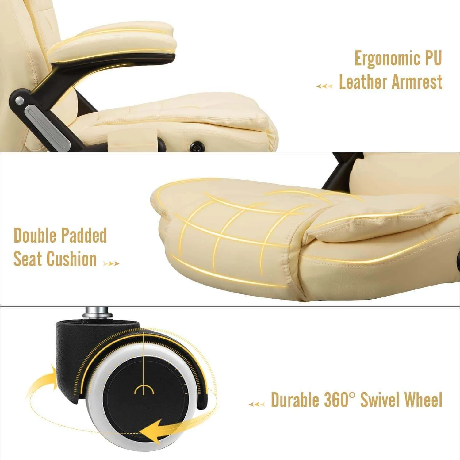 Ergonomic Office Chair High Back PU Leather Computer Chair Height Adjustable Desk Chair Heated Massage Recliner Chair with Lumbar Support, Cream