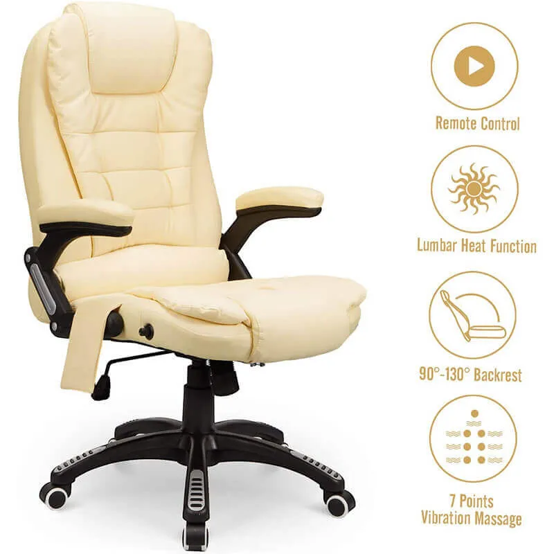 Ergonomic Office Chair High Back PU Leather Computer Chair Height Adjustable Desk Chair Heated Massage Recliner Chair with Lumbar Support, Cream