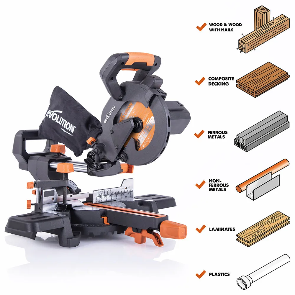 Evolution R185SMS : Single Bevel Sliding Miter Saw With 7-1/4 in. Multi-Material Cutting Blade