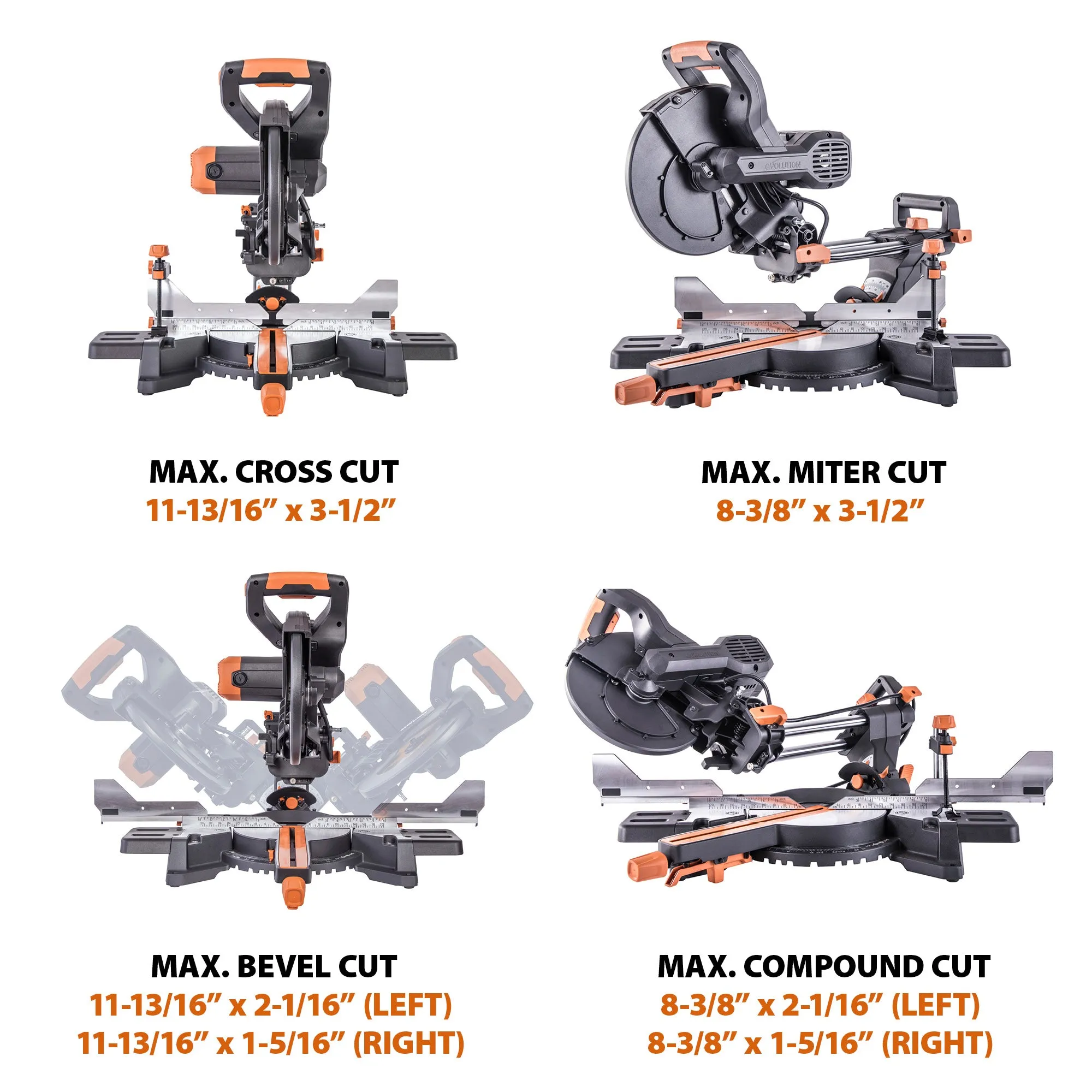 Evolution R255SMS-DB : Dual Bevel Sliding Miter Saw With 10 in. Multi-Material Cutting Blade