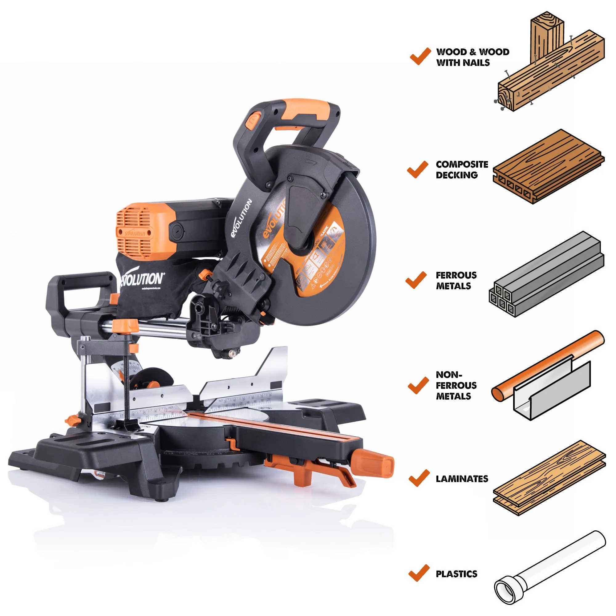 Evolution R255SMS-DB : Dual Bevel Sliding Miter Saw With 10 in. Multi-Material Cutting Blade