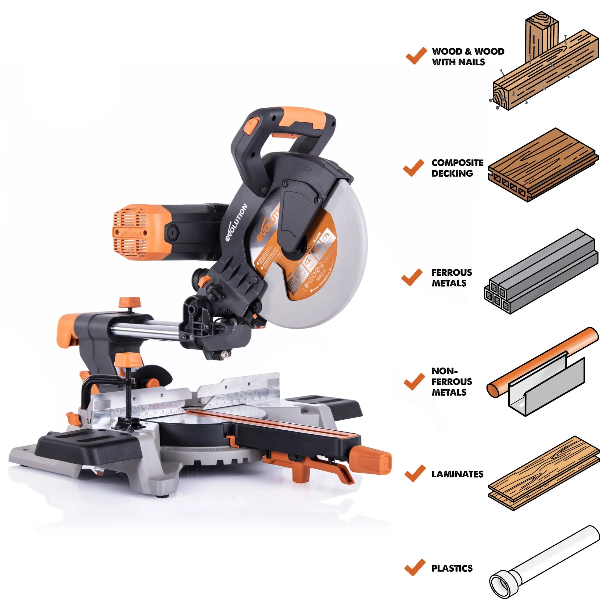 Evolution R255SMS-DB: Dual Bevel Sliding Miter Saw With 10 in. Multi-Material Cutting Blade