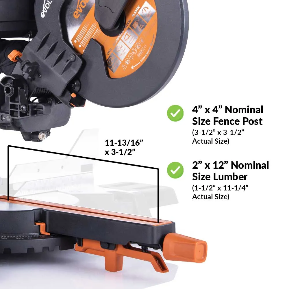 Evolution R255SMS-DB : Dual Bevel Sliding Miter Saw With 10 in. Multi-Material Cutting Blade