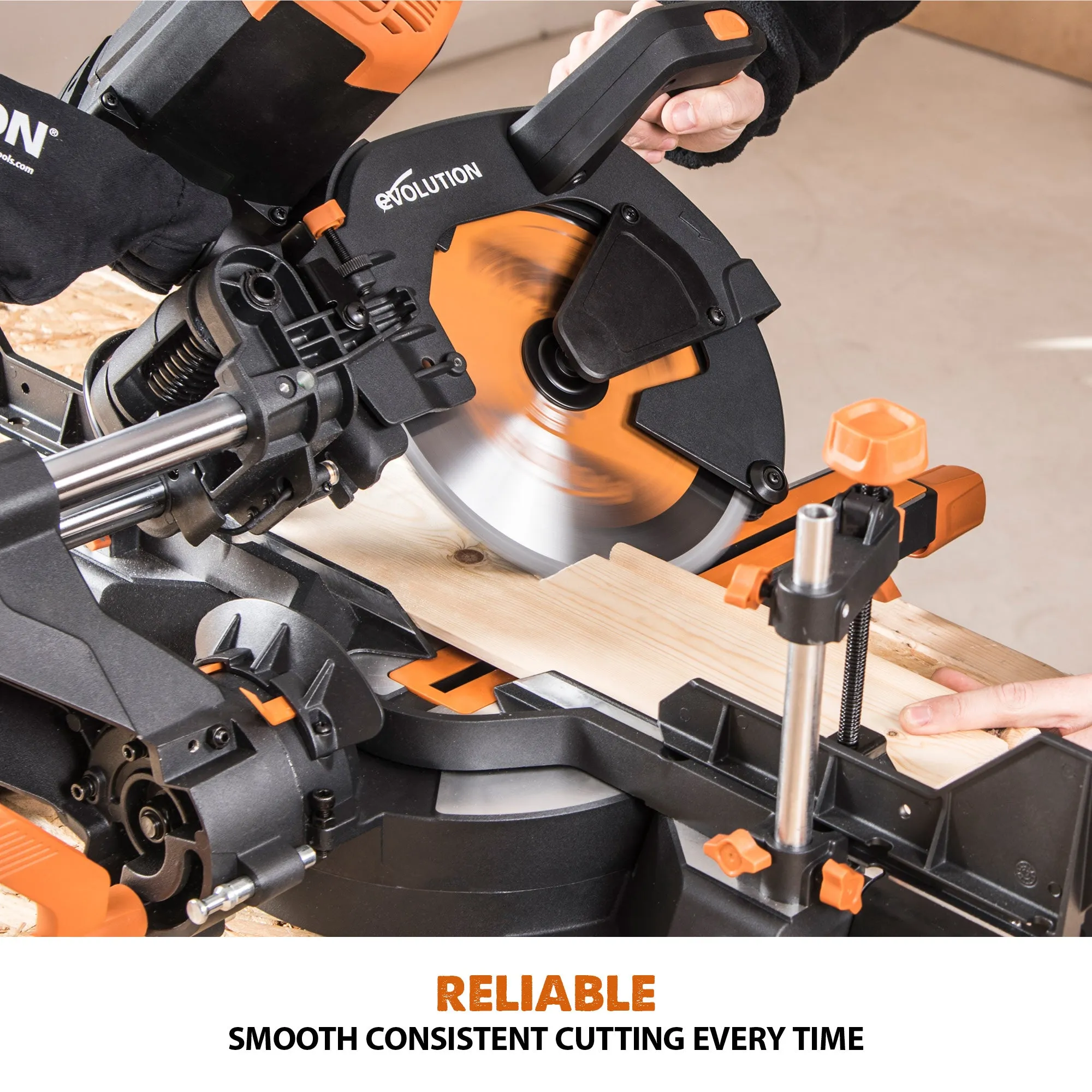 Evolution R255SMS-DB : Dual Bevel Sliding Miter Saw With 10 in. Multi-Material Cutting Blade