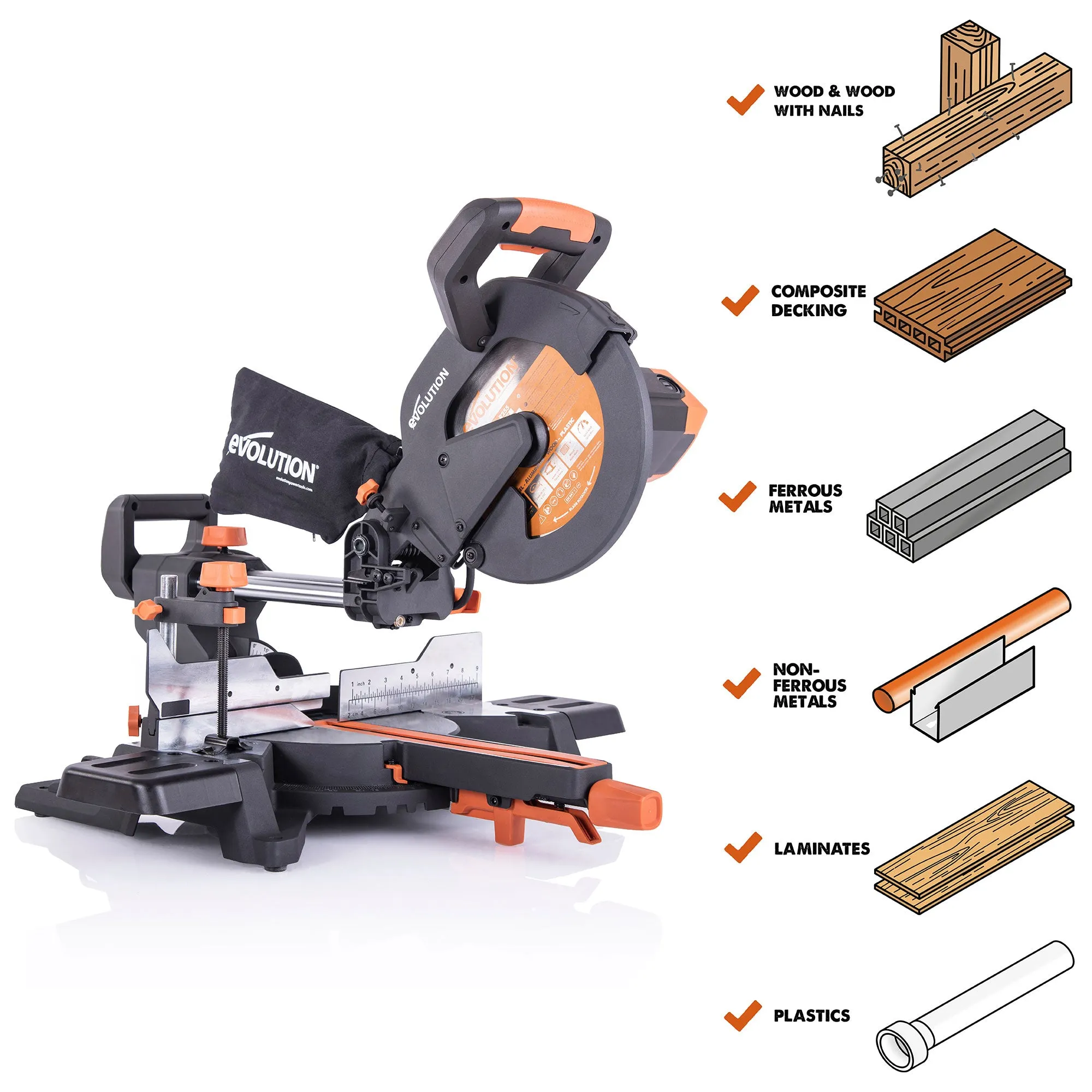 Evolution R255SMS : Single Bevel Sliding Miter Saw With 10 in. Multi-Material Cutting Blade