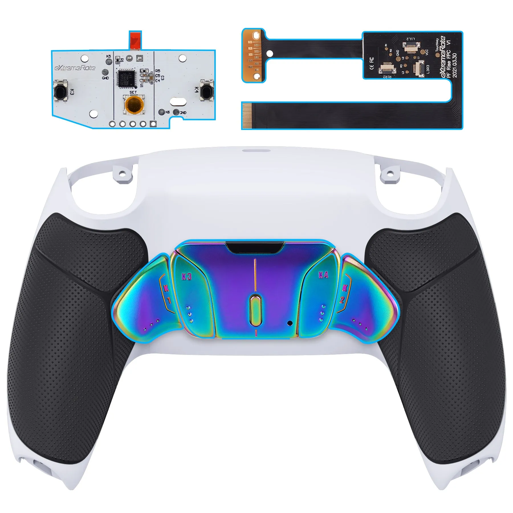 eXtremeRate Rainbow Aura Blue & Purple Real Metal Buttons (RMB) Version RISE4 Remap Kit for PS5 Controller BDM-010/020 - Rubberized White Black - YPFJ7012