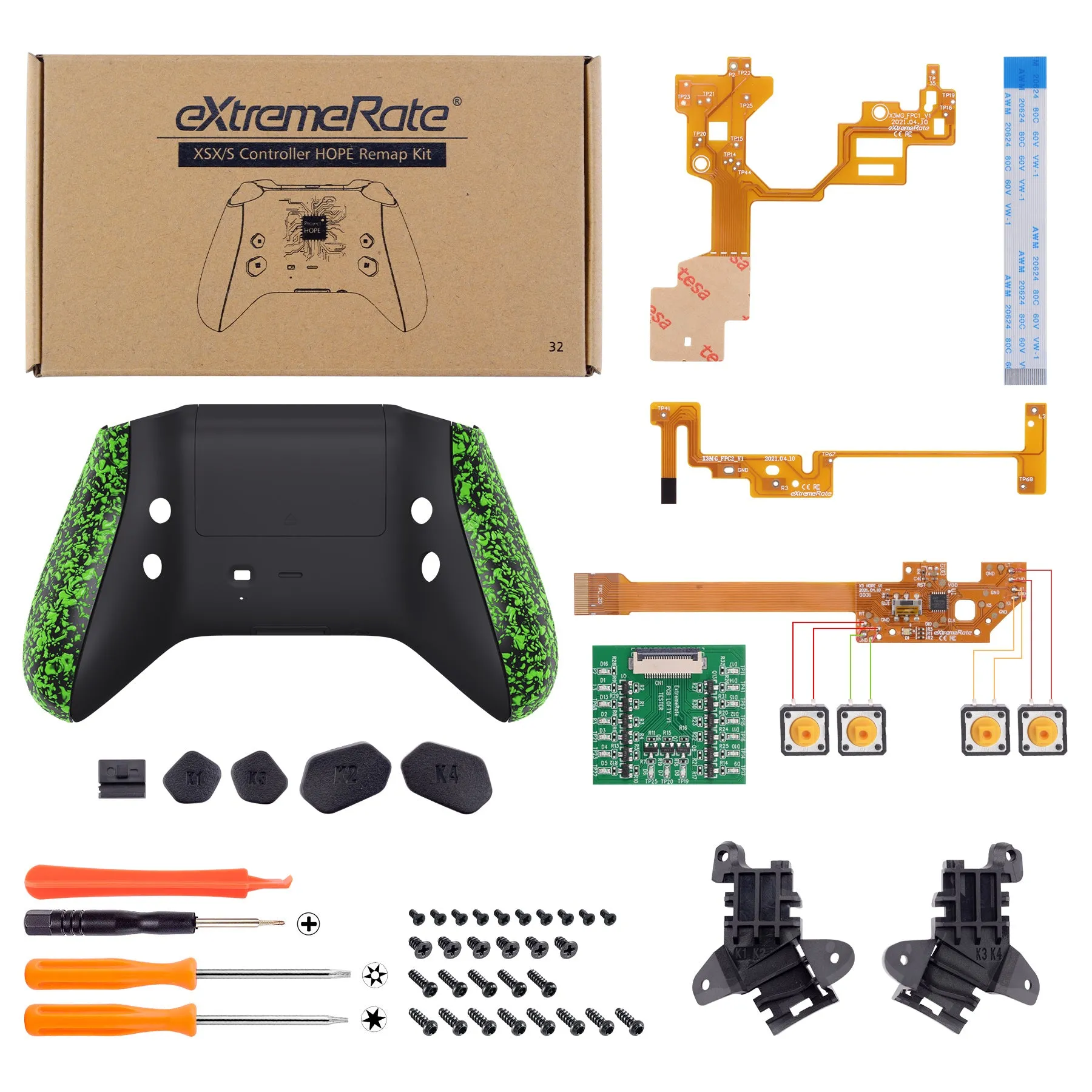 eXtremeRate Textured Green HOPE Remappable Remap Kit for Xbox Series X / S Controller, Upgrade Boards & Redesigned Back Shell & Side Rails & Back Buttons for Xbox Core Controller - Controller NOT Included - RX3P3045