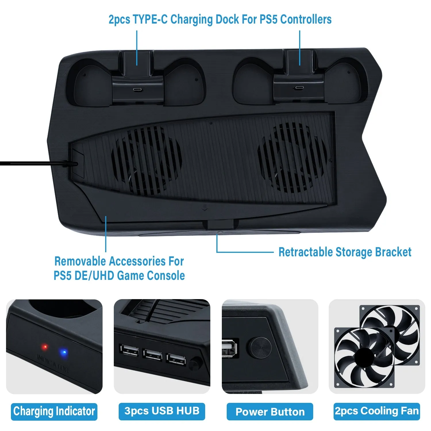 For PS5 DE/UHD Cooling Stand With 14 Game CD Storage Bracket for PS5 Dual Controller Charger Charging Station