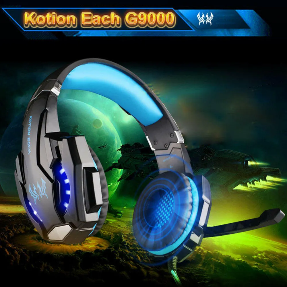 KOTION EACH G9000 3.5mm Gaming Headphone Over Ear Game Headset Noise Cancellation Earphone with Mic LED Light Volume Control for PS4 Laptop Tablet Mobile Phones Desktop PC