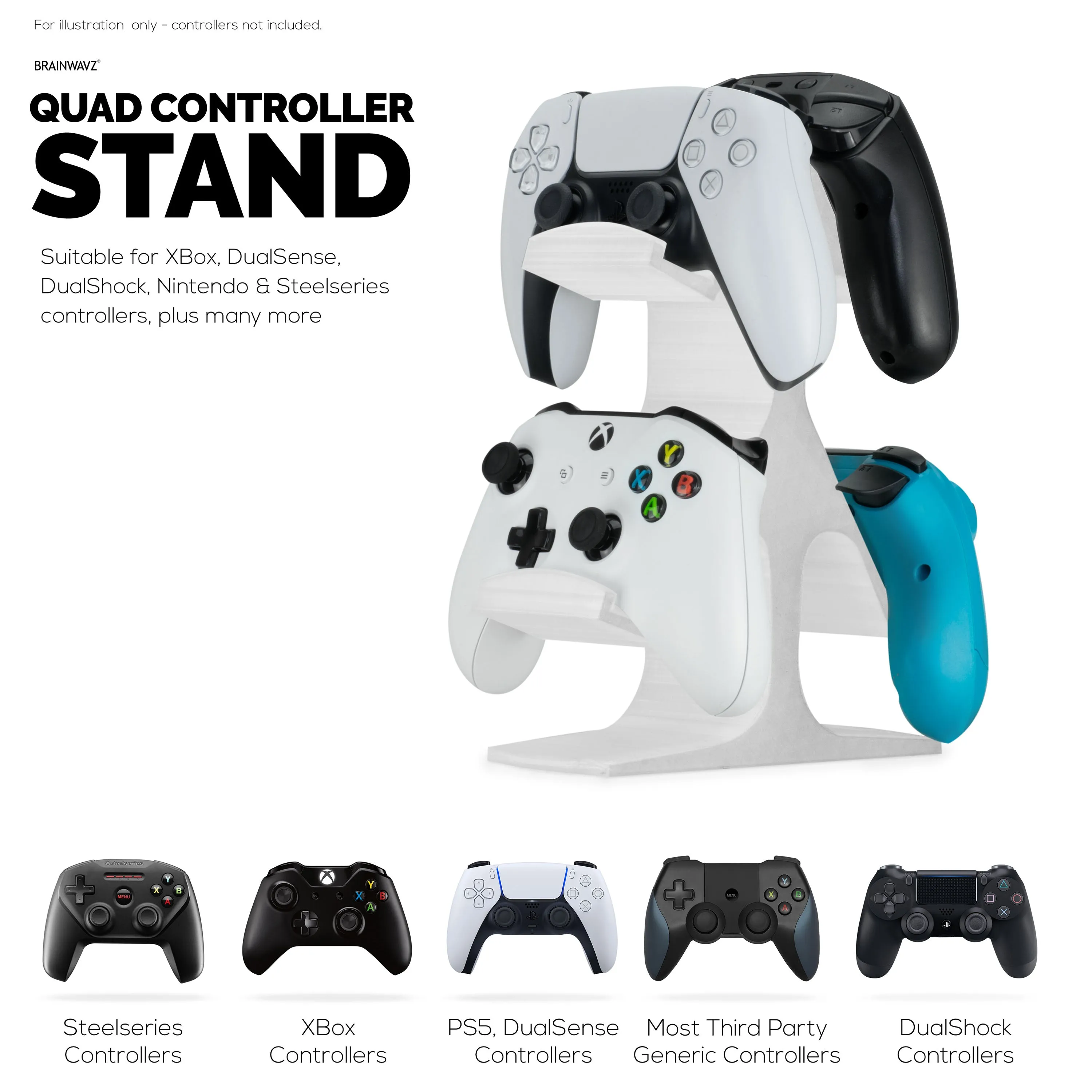 Quad Game Controller Holder for Desks, Intuitive Design, Universal Fit for All Gamepads, Ideal for Desks & Side tables, Reduce Clutter & Display Your Gear Better