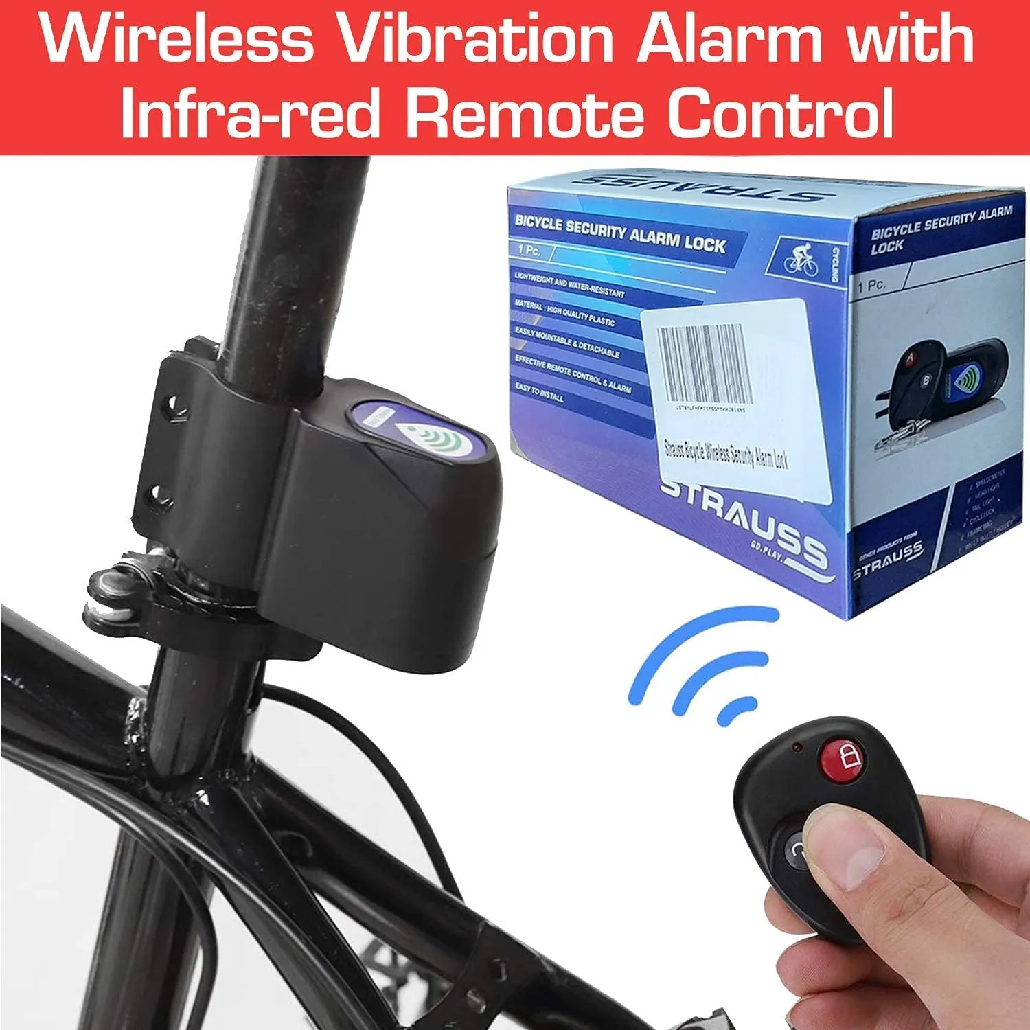 Strauss Bicycle Wireless Security Alarm Lock |Anti-Theft Lock with Audible Alarm |Waterproof | Keyless Entry |Vibration Sensor |Theft Prevention | Comes with Remote Control |Cycling Accessories