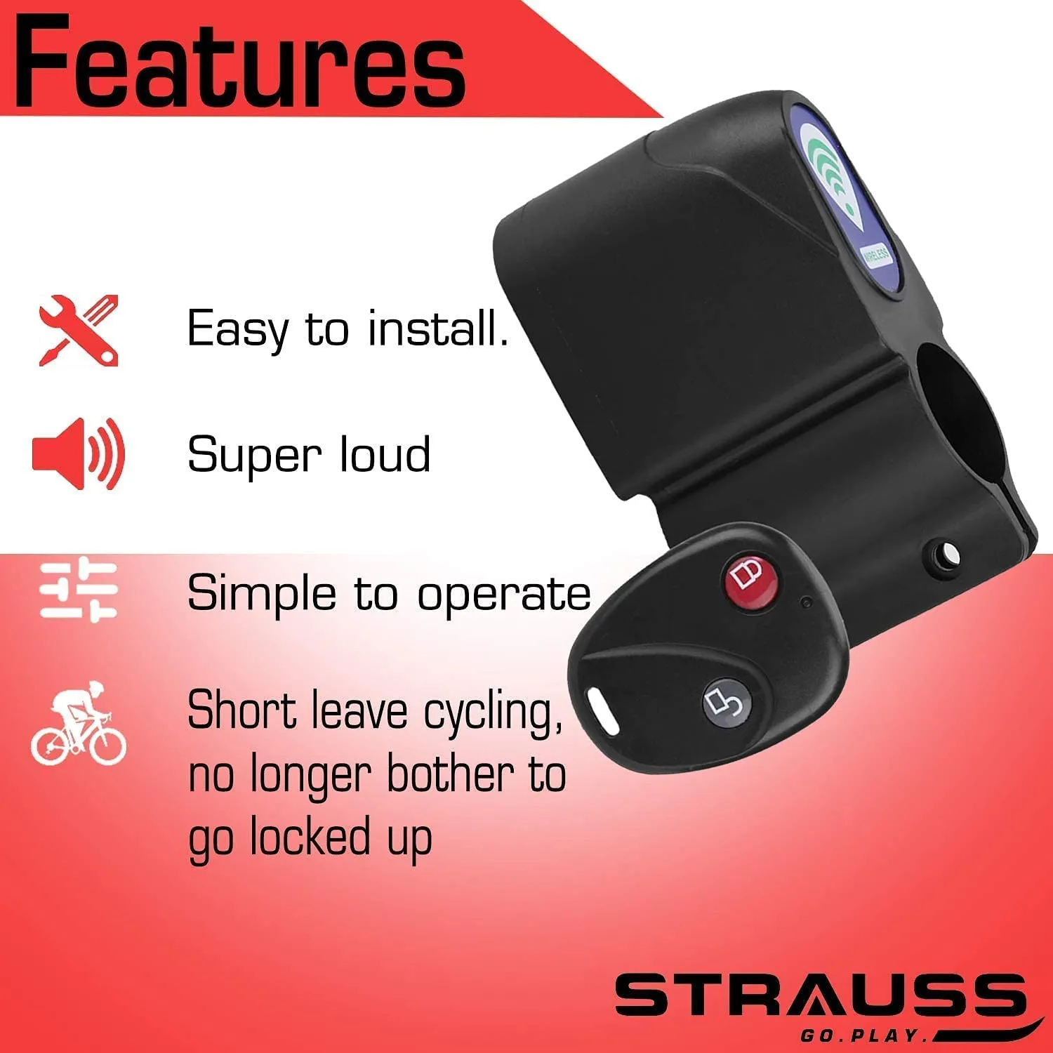 Strauss Bicycle Wireless Security Alarm Lock |Anti-Theft Lock with Audible Alarm |Waterproof | Keyless Entry |Vibration Sensor |Theft Prevention | Comes with Remote Control |Cycling Accessories