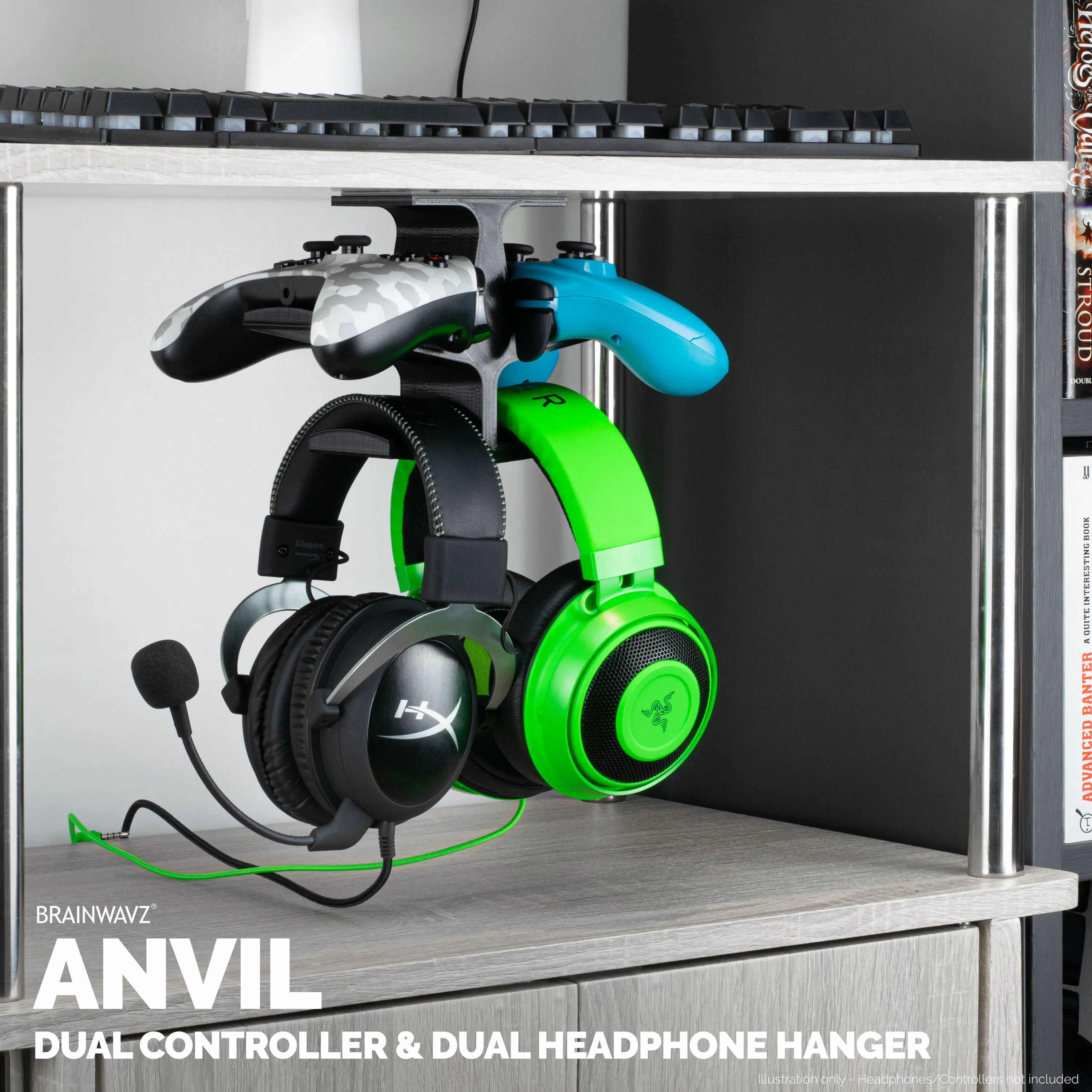 The Anvil - Under Desk Dual Controller & Dual Headphone Hanger - Adhesive Mount, Easy to Install, No Screws