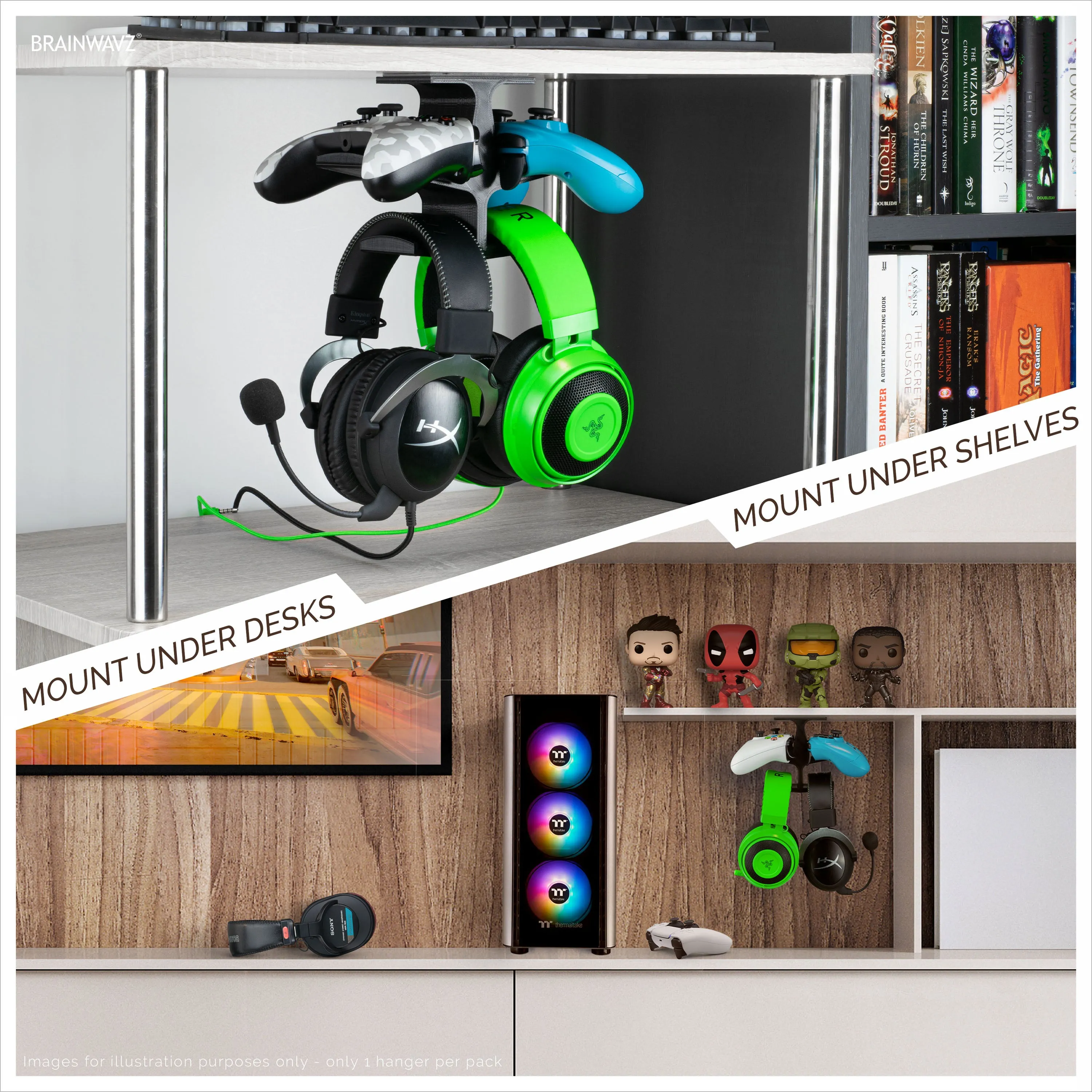 The Anvil - Under Desk Dual Controller & Dual Headphone Hanger - Adhesive Mount, Easy to Install, No Screws