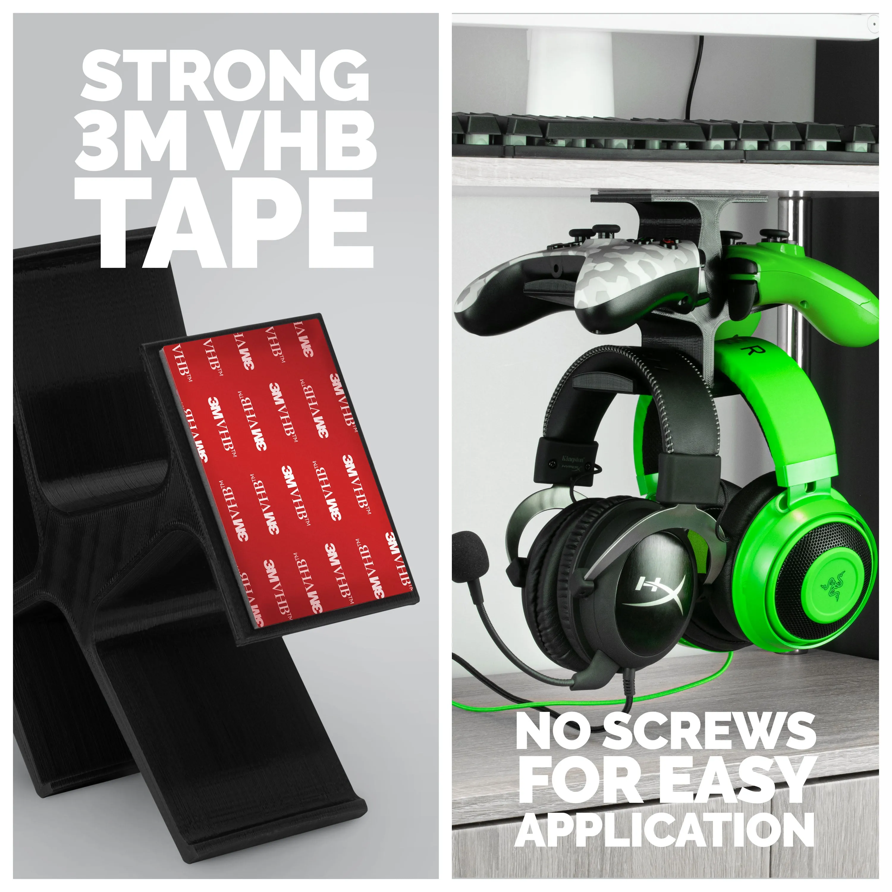 The Anvil - Under Desk Dual Controller & Dual Headphone Hanger - Adhesive Mount, Easy to Install, No Screws