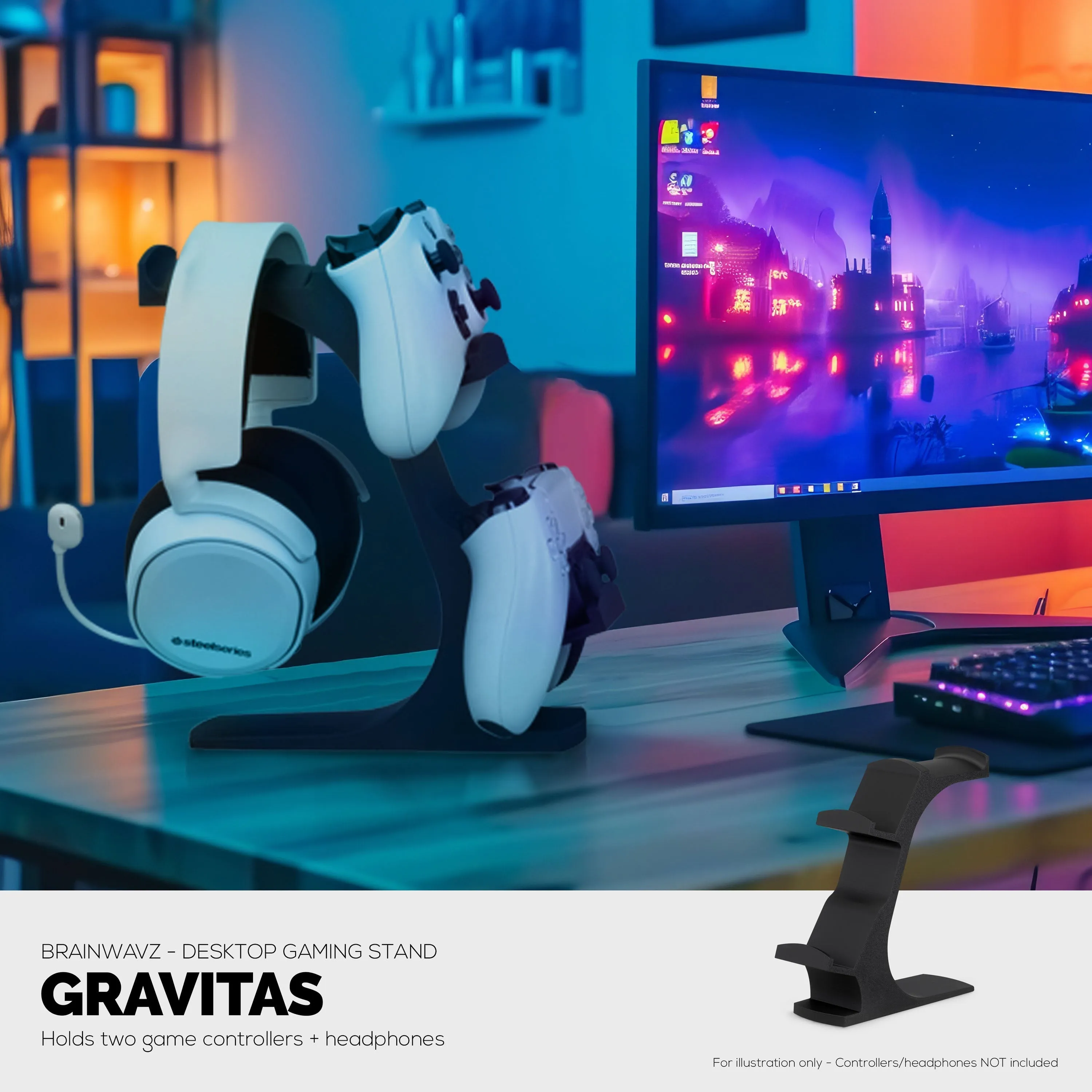 The Gravitas - Headphone Stand & Game Controller Holder for Desks - Universal Design for All Types Of Headsets & Gamepads