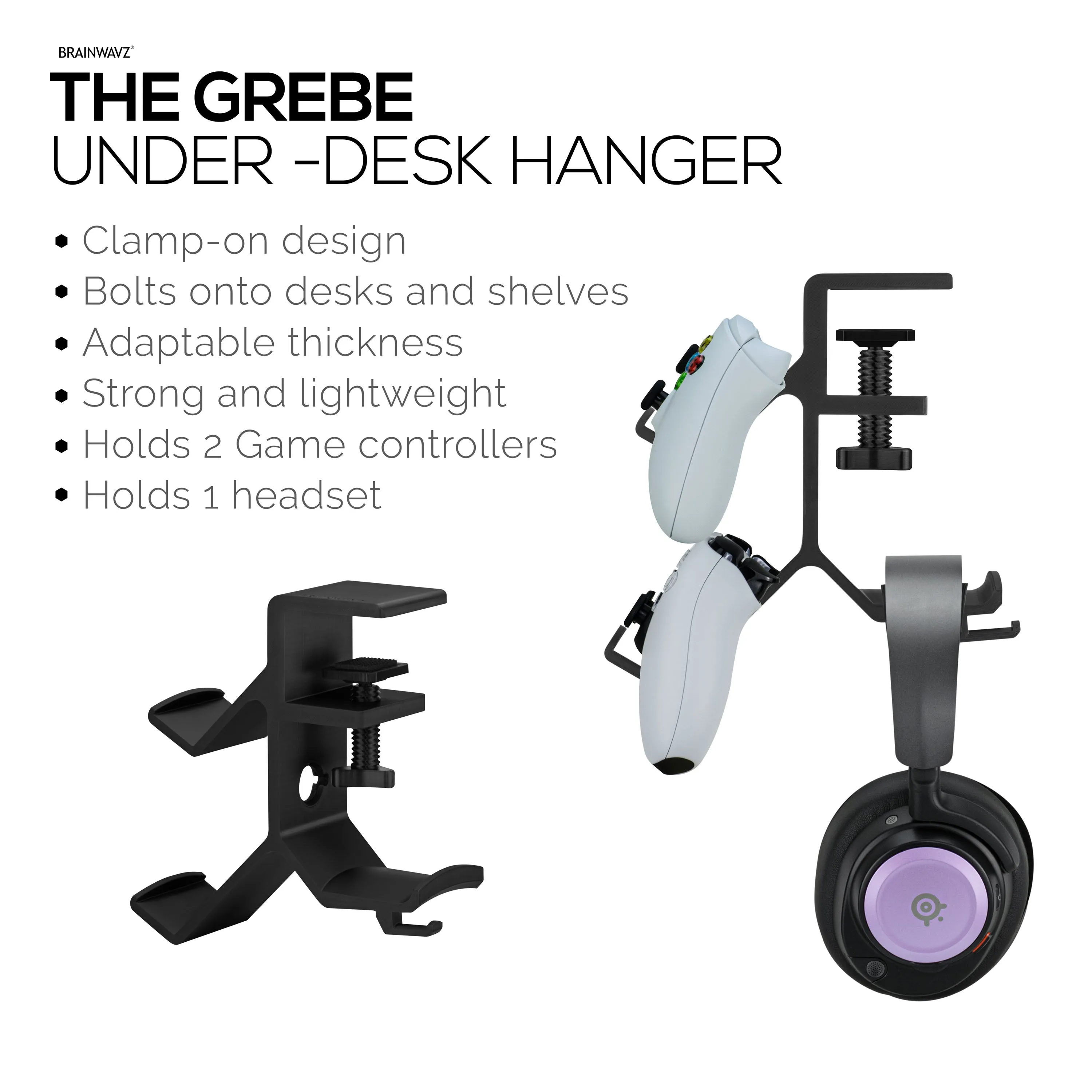 The Grebe - Headphone & Dual Game Controller Holder - Attaches to Side of Desk, Under Desk Headset Holder, Suitable for All Headphones & Gamepads