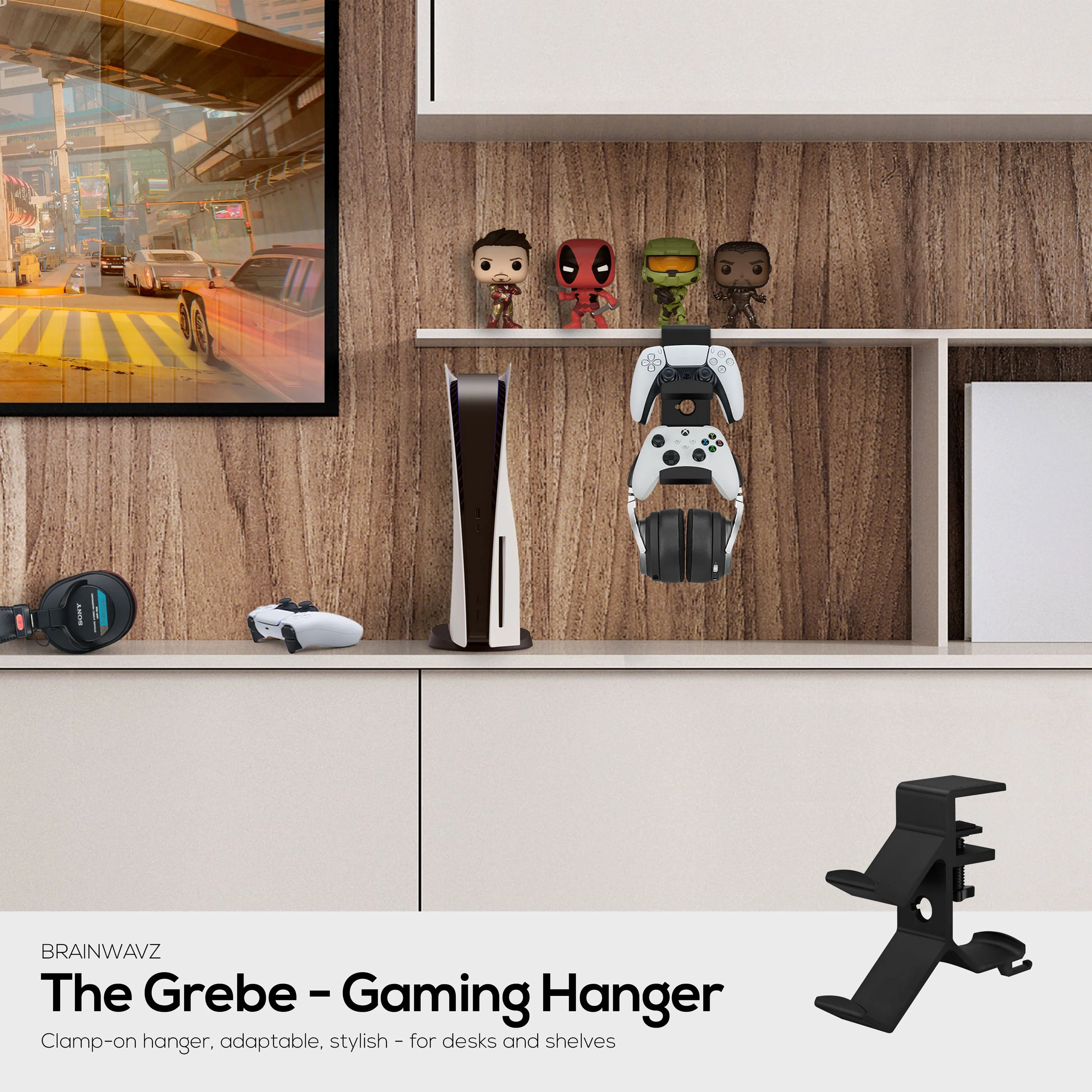 The Grebe - Headphone & Dual Game Controller Holder - Attaches to Side of Desk, Under Desk Headset Holder, Suitable for All Headphones & Gamepads